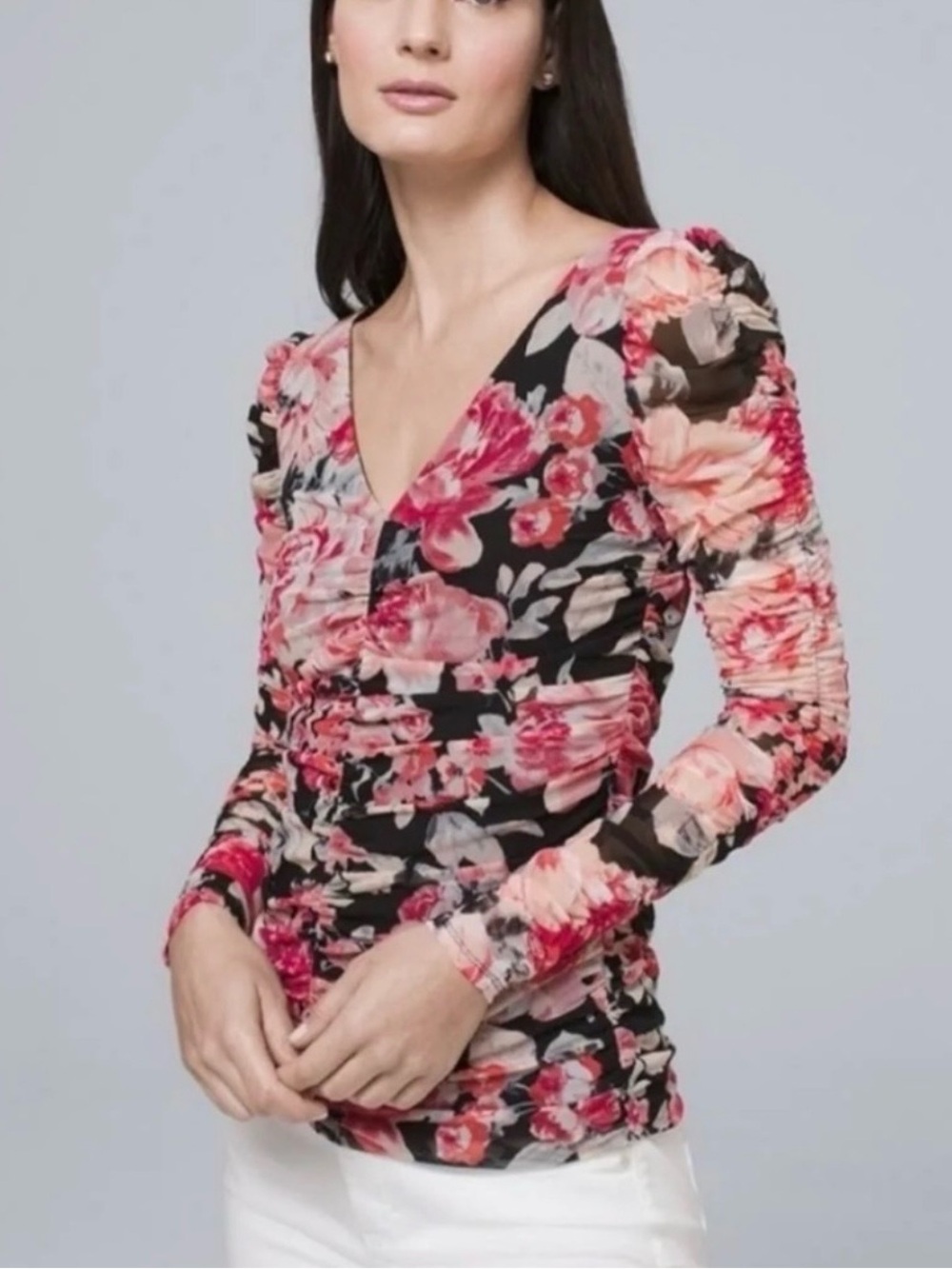 White House Black Market Coquette Floral Dainty Sheer Blouse Top, Sz Medium
